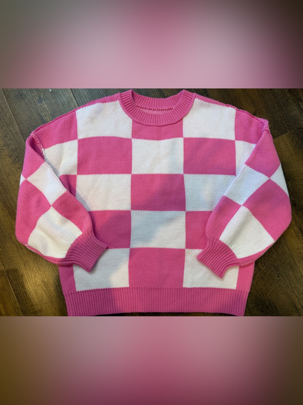 Women’s Pink & White Checkerboard Crewneck Sweater